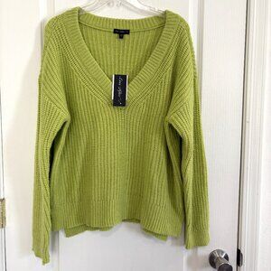 Ever After Nordstrom V-Neck Ribbed Knit Pullover Sweater Long Sleeve Lime Green